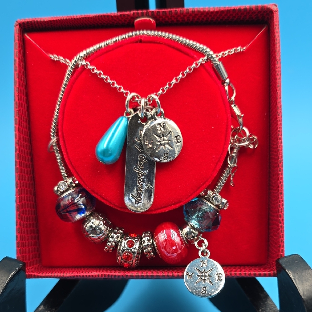 Glam & Glow Necklace & Bracelet Set "Enjoy The Journey" Compass Rose Adjustable - Picture 1 of 10